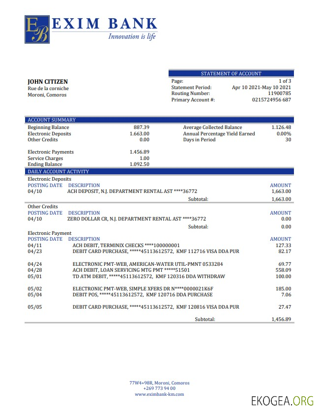 Relevé bancaire Exim des Comores